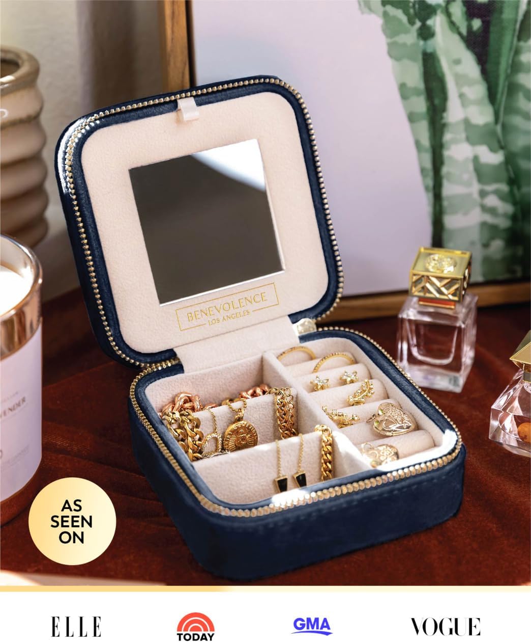 Benevolence LA Plush Velvet Jewelry Box | Travel Jewelry Organizer Case - Navy Blue