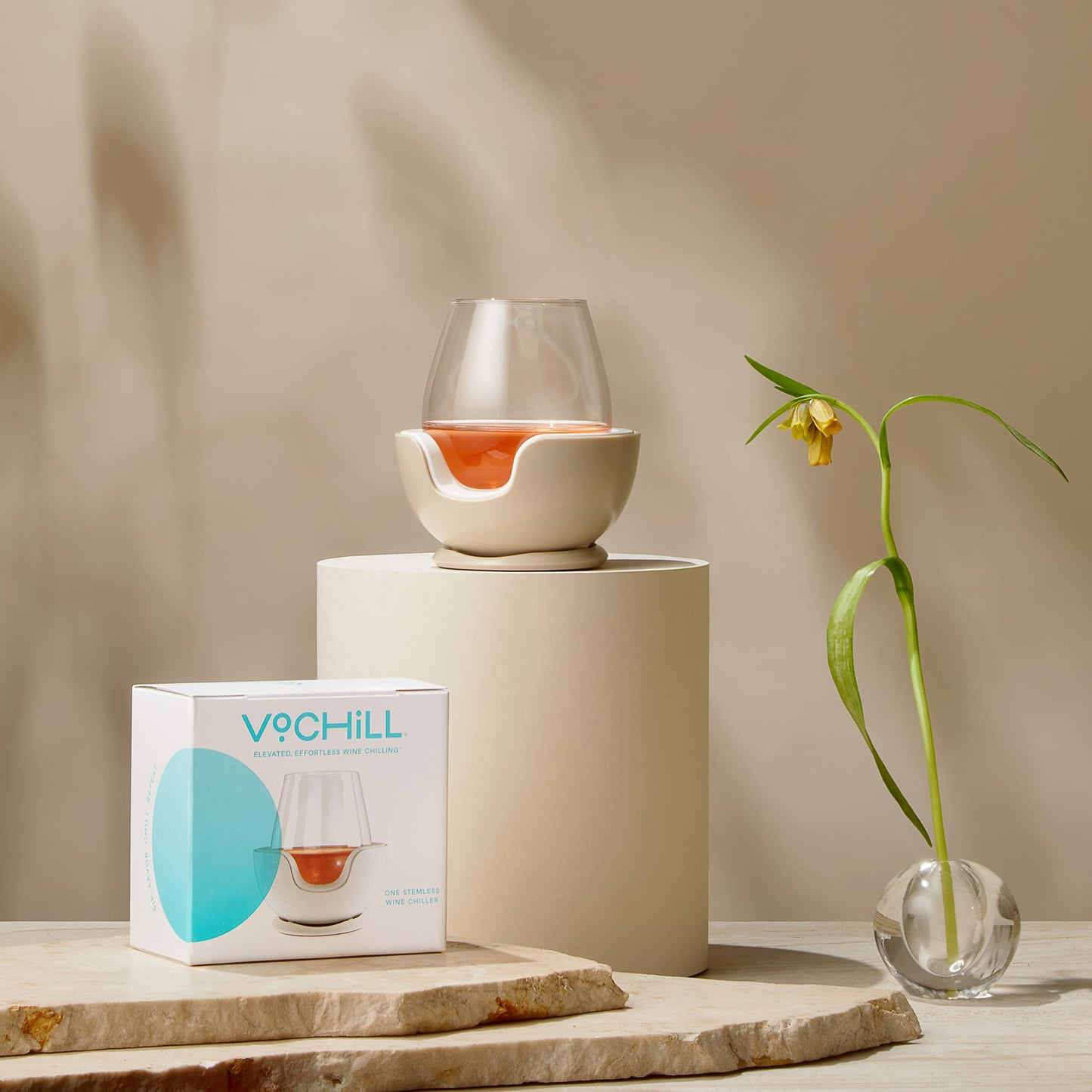 VoChill Stemless Wine Glass Chiller/Keep the Chill In Your Glass/Separable/Refreezable Chill Cradle