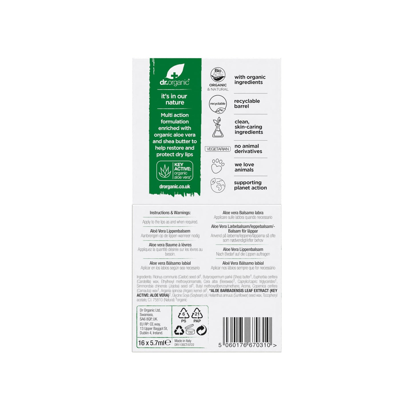 Organic Doctor Organic Aloe Vera Lip Balm, 5.7 ml