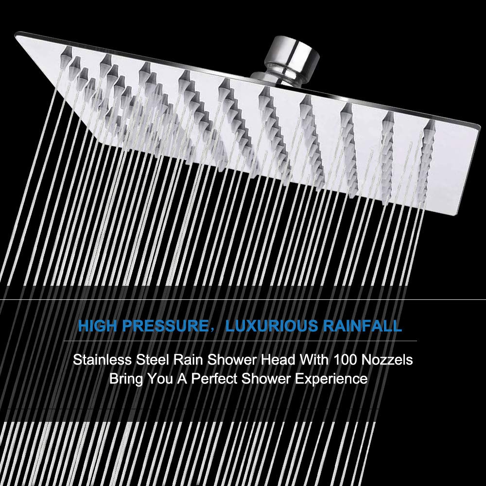 Rain Shower head, NearMoon High Flow Stainless Steel Square Rainfall ShowerHead, High Pressure Design, Awesome Shower Experience Even At Low Water Flow (8 Inch, Chrome Finish)