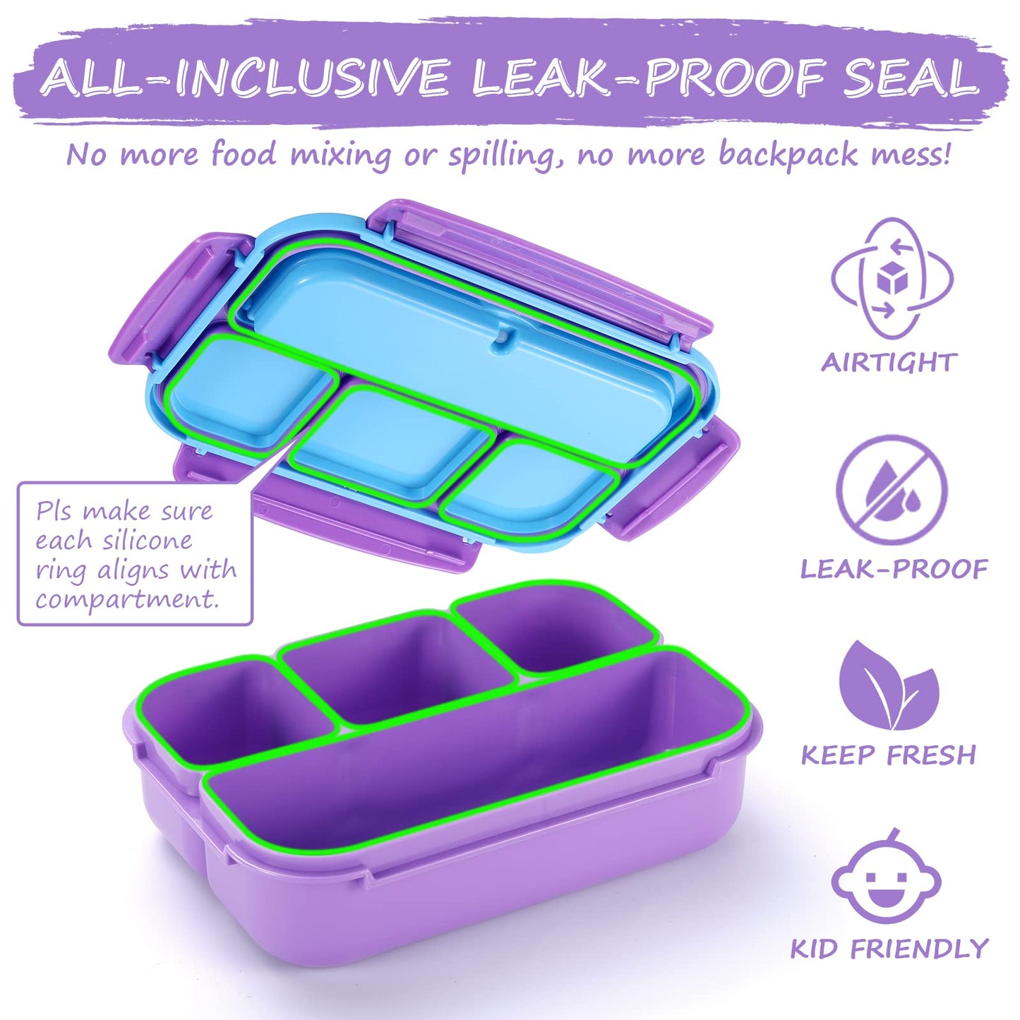 QQKO Bento Lunch Box for Kids Girls Boys, Toddler Kids Lunch Boxes for School, Lunch Containers for Adults with 4 Compartments, Sauce Container, Utensils, Food Picks and Muffin Cups, Purple