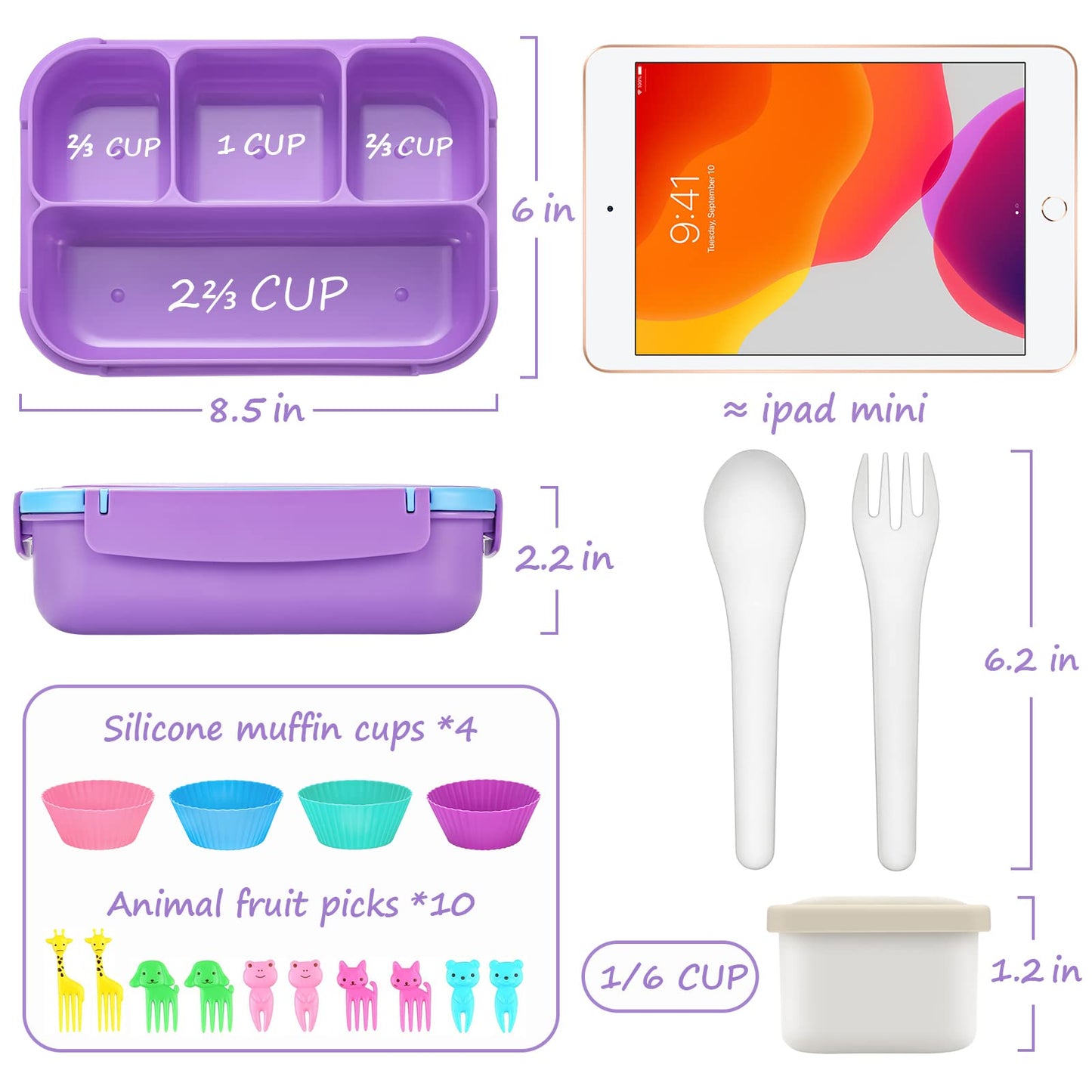 QQKO Bento Lunch Box for Kids Girls Boys, Toddler Kids Lunch Boxes for School, Lunch Containers for Adults with 4 Compartments, Sauce Container, Utensils, Food Picks and Muffin Cups, Purple