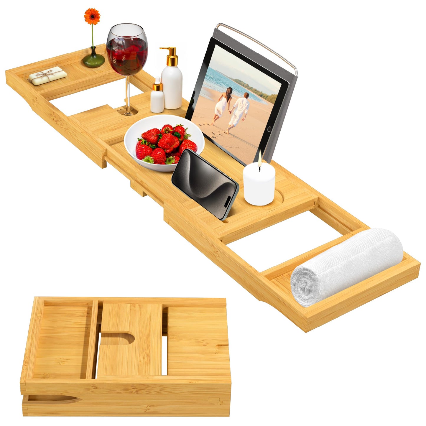 Bathtub Tray for Tub - Adjustable Bamboo Bathtub Tray /Collapsible/Folding Bathtub Caddy/Tray Wood