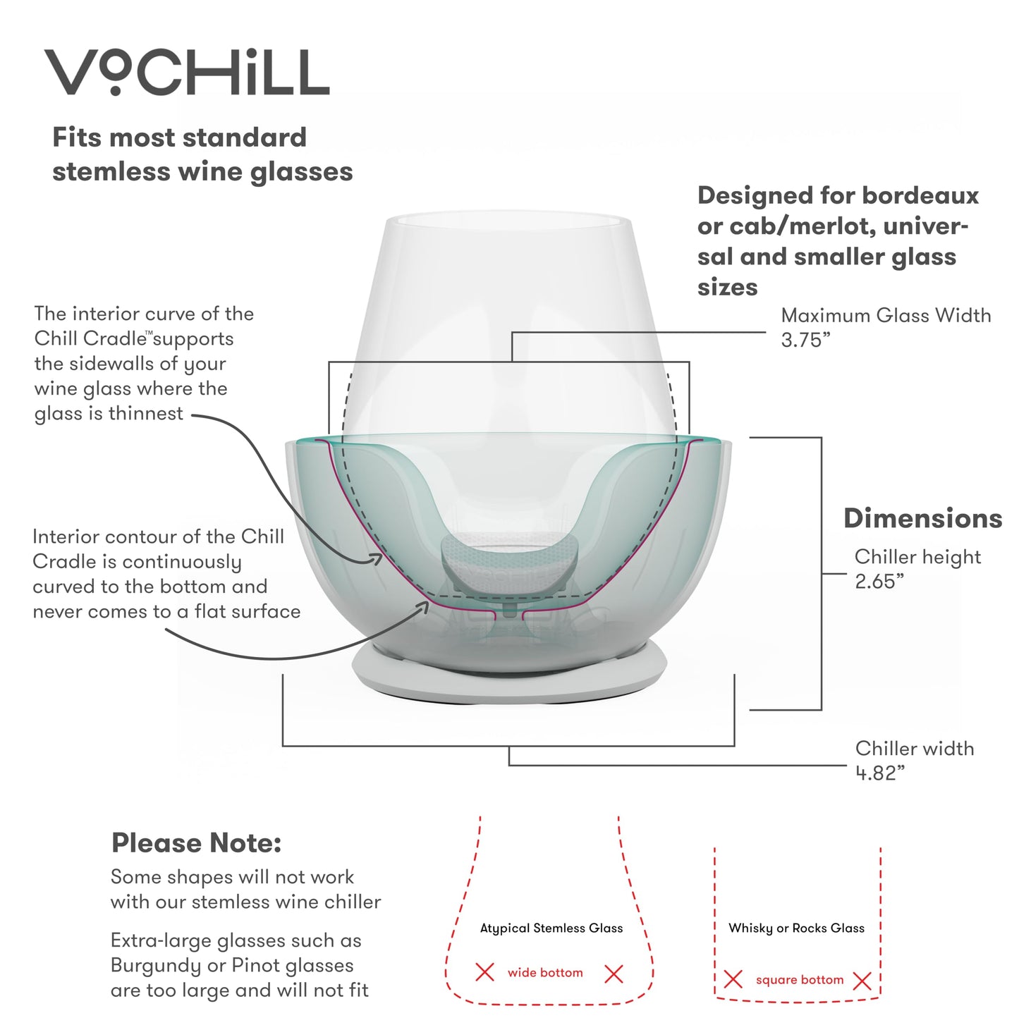 VoChill Stemless Wine Glass Chiller/Keep the Chill In Your Glass/Separable/Refreezable Chill Cradle