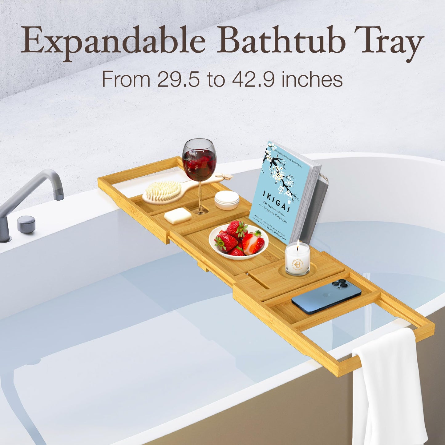 Bathtub Tray for Tub - Adjustable Bamboo Bathtub Tray /Collapsible/Folding Bathtub Caddy/Tray Wood