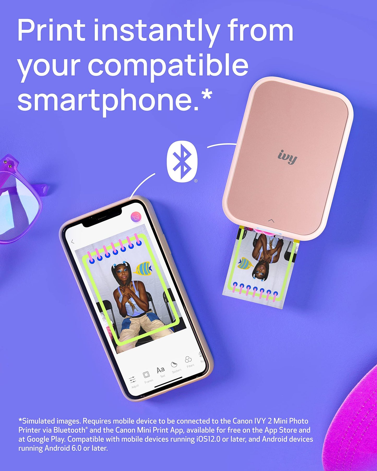 Canon Ivy 2 Mini Photo Printer, Print from Compatible iOS & Android Devices/Sticky-Back Prints/ Pink