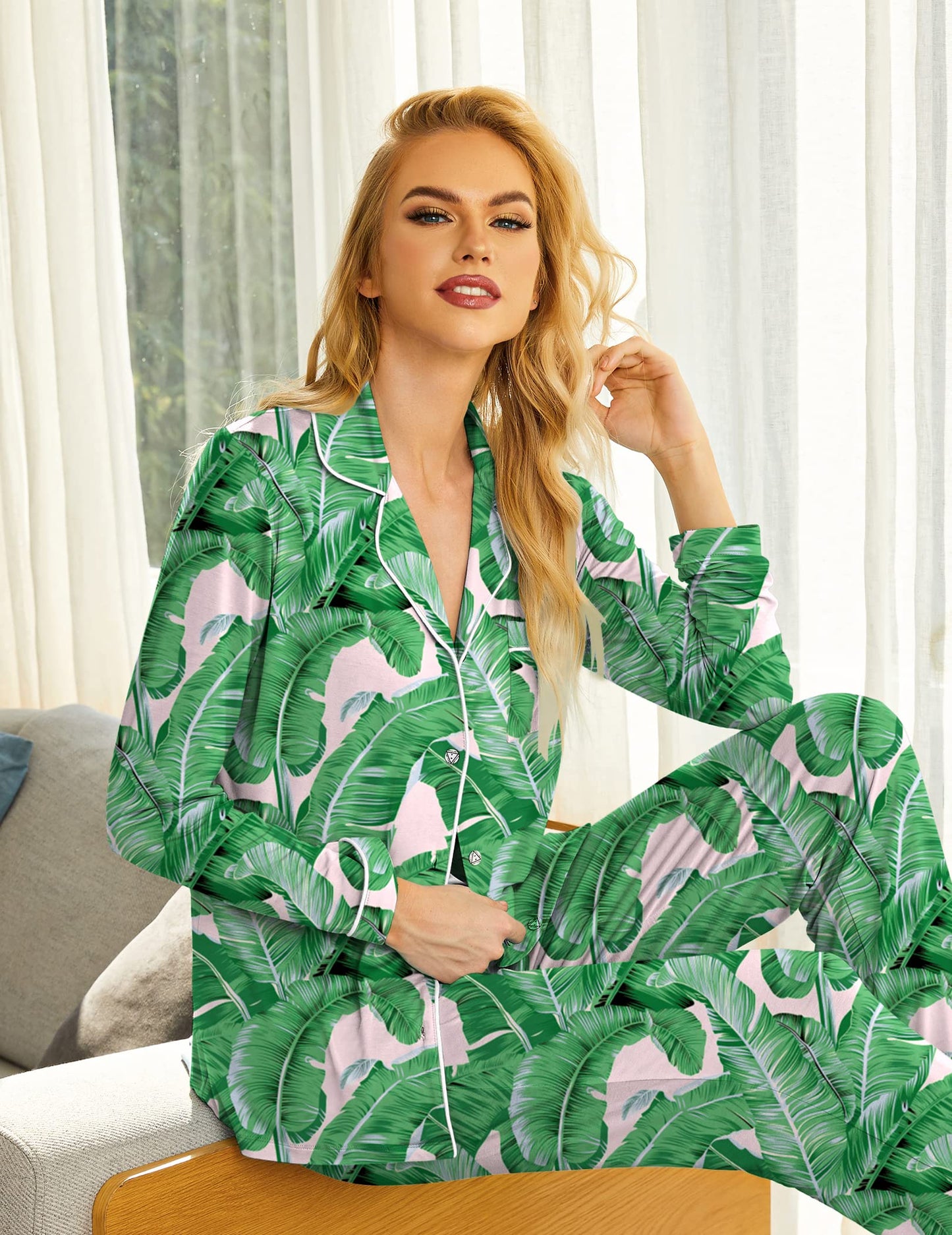 Ekouaer Pajamas Women's Long Sleeve Sleepwear Soft Button Down Loungewear Pjs Lounge Set Nightwear