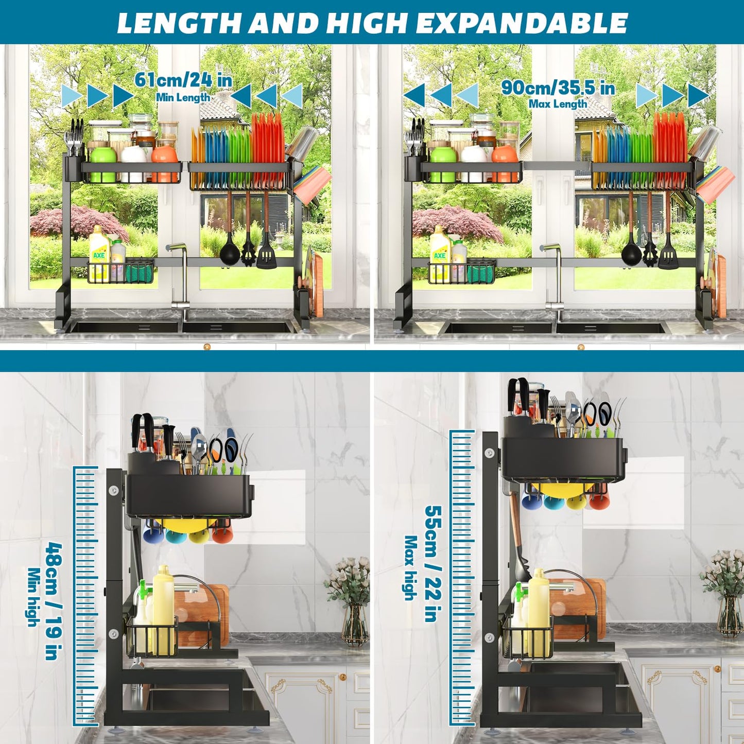 ADBIU Over The Sink Dish Drying Rack (Expandable Height and Length) Snap-On Design 2 Tier Large Dish Rack Stainless Steel (24" - 35.5" L x 12" W x 19" - 22" H)