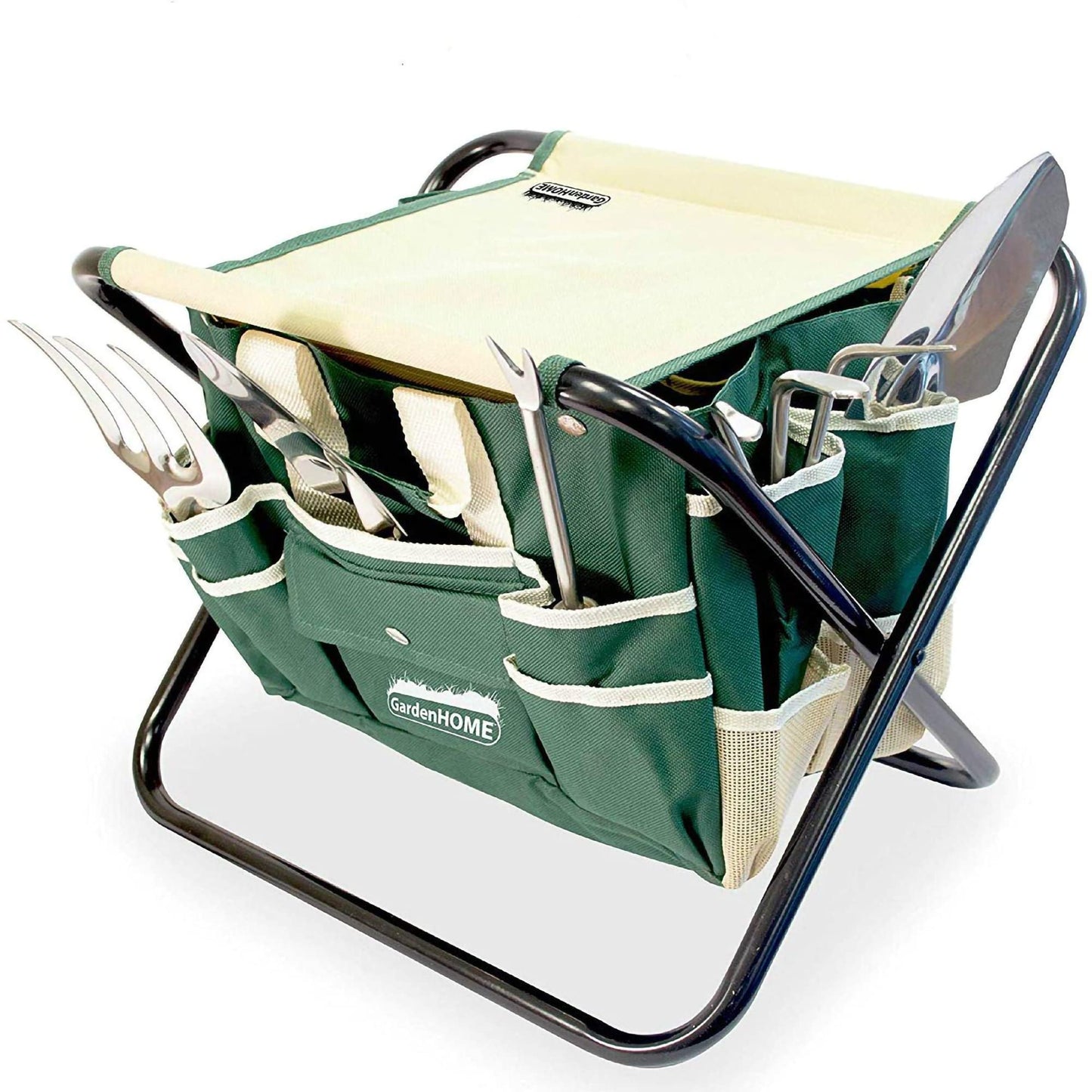 Garden Tool Set, Stainless Steel 7 Piece ToolSet/Heavy Duty Folding Stool/Detachable Canvas Tote Bag