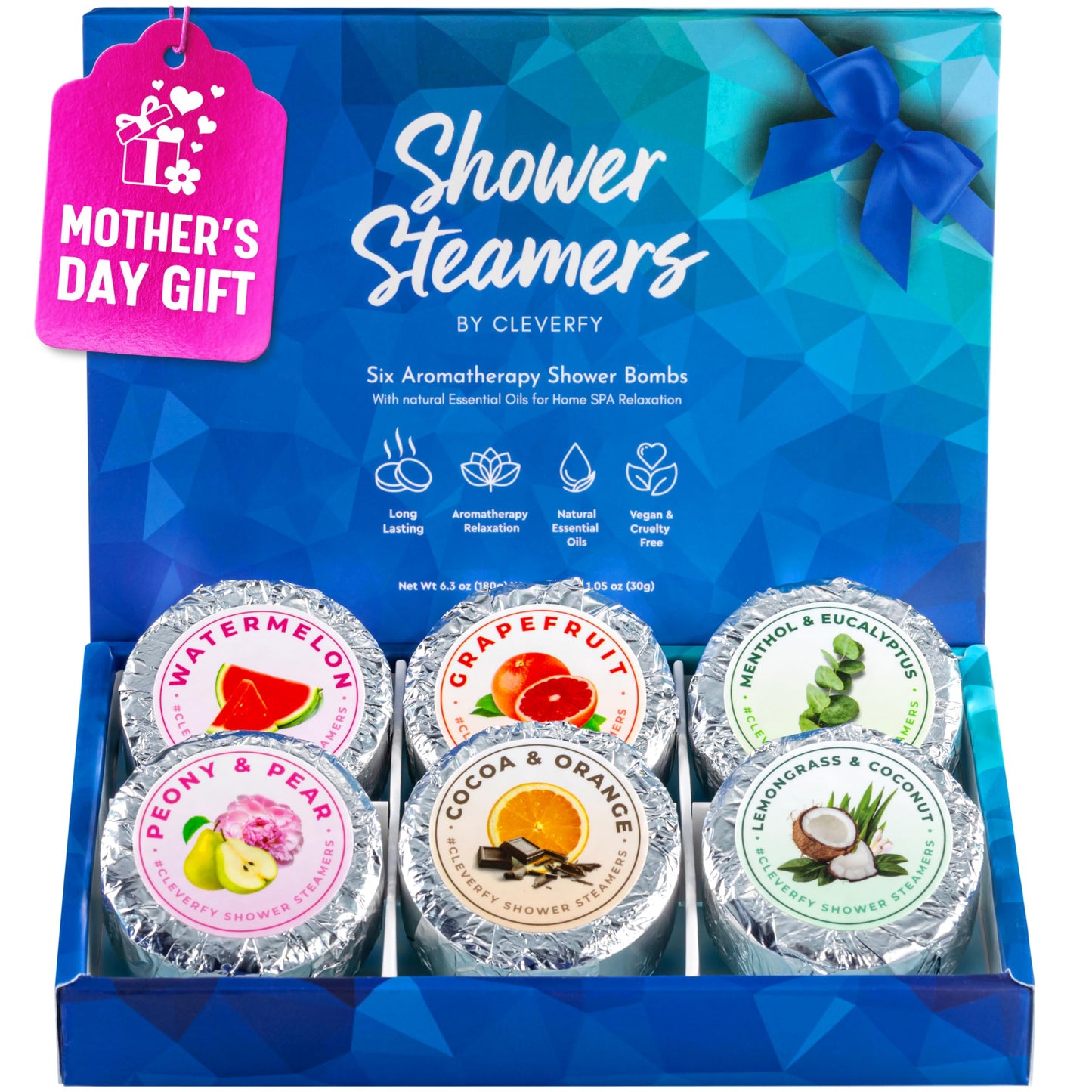 Cleverfy Shower Steamers Aromatherapy - Compact Variety Pack of 6 Shower Bombs with Essential Oils.