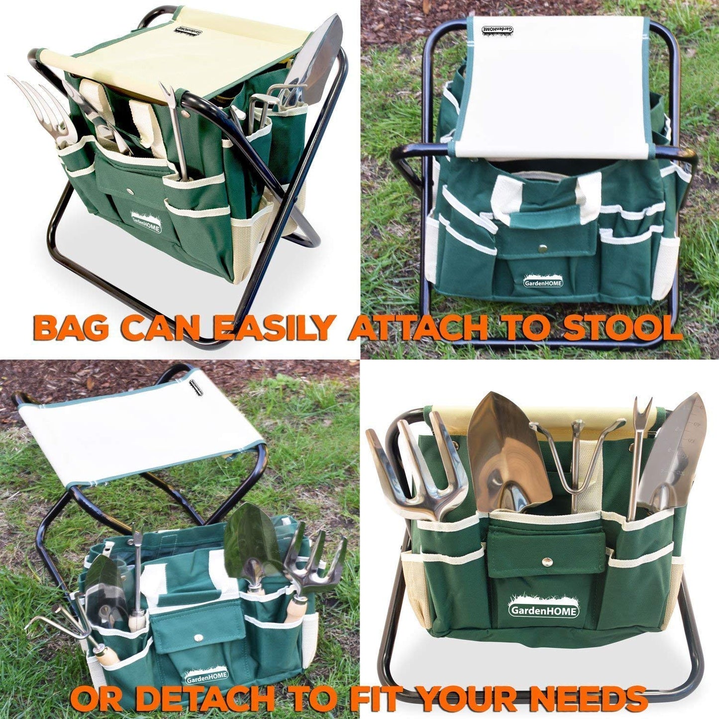 Garden Tool Set, Stainless Steel 7 Piece ToolSet/Heavy Duty Folding Stool/Detachable Canvas Tote Bag