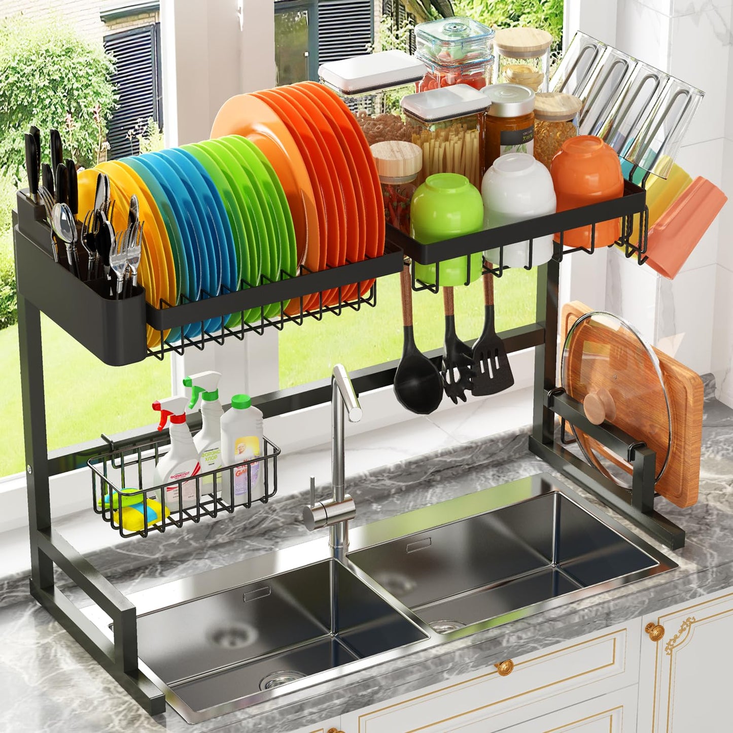 ADBIU Over The Sink Dish Drying Rack (Expandable Height and Length) Snap-On Design 2 Tier Large Dish Rack Stainless Steel (24" - 35.5" L x 12" W x 19" - 22" H)