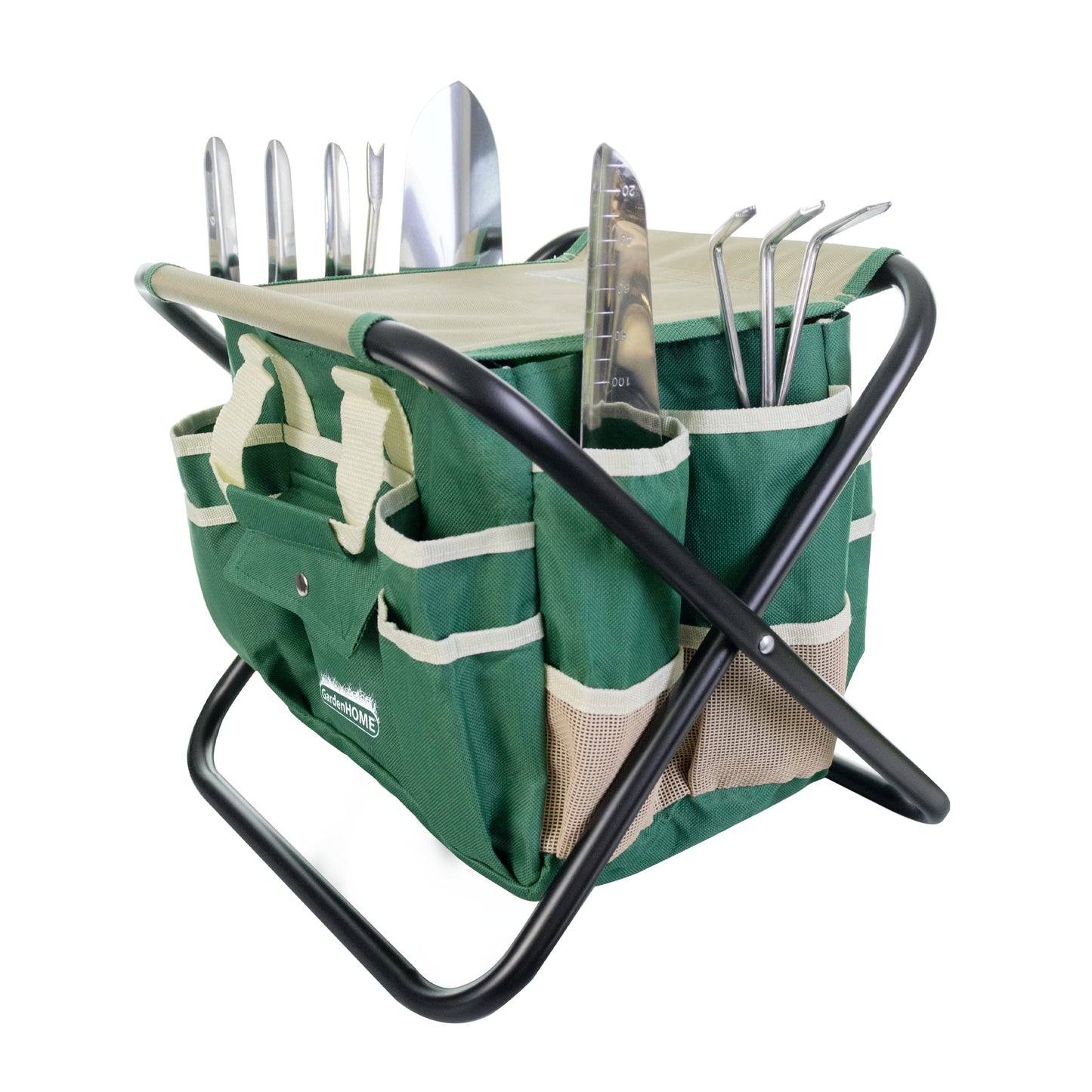 Garden Tool Set, Stainless Steel 7 Piece ToolSet/Heavy Duty Folding Stool/Detachable Canvas Tote Bag