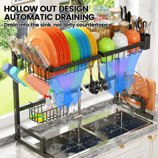 ADBIU Over The Sink Dish Drying Rack (Expandable Height and Length) Snap-On Design 2 Tier Large Dish Rack Stainless Steel (24" - 35.5" L x 12" W x 19" - 22" H)