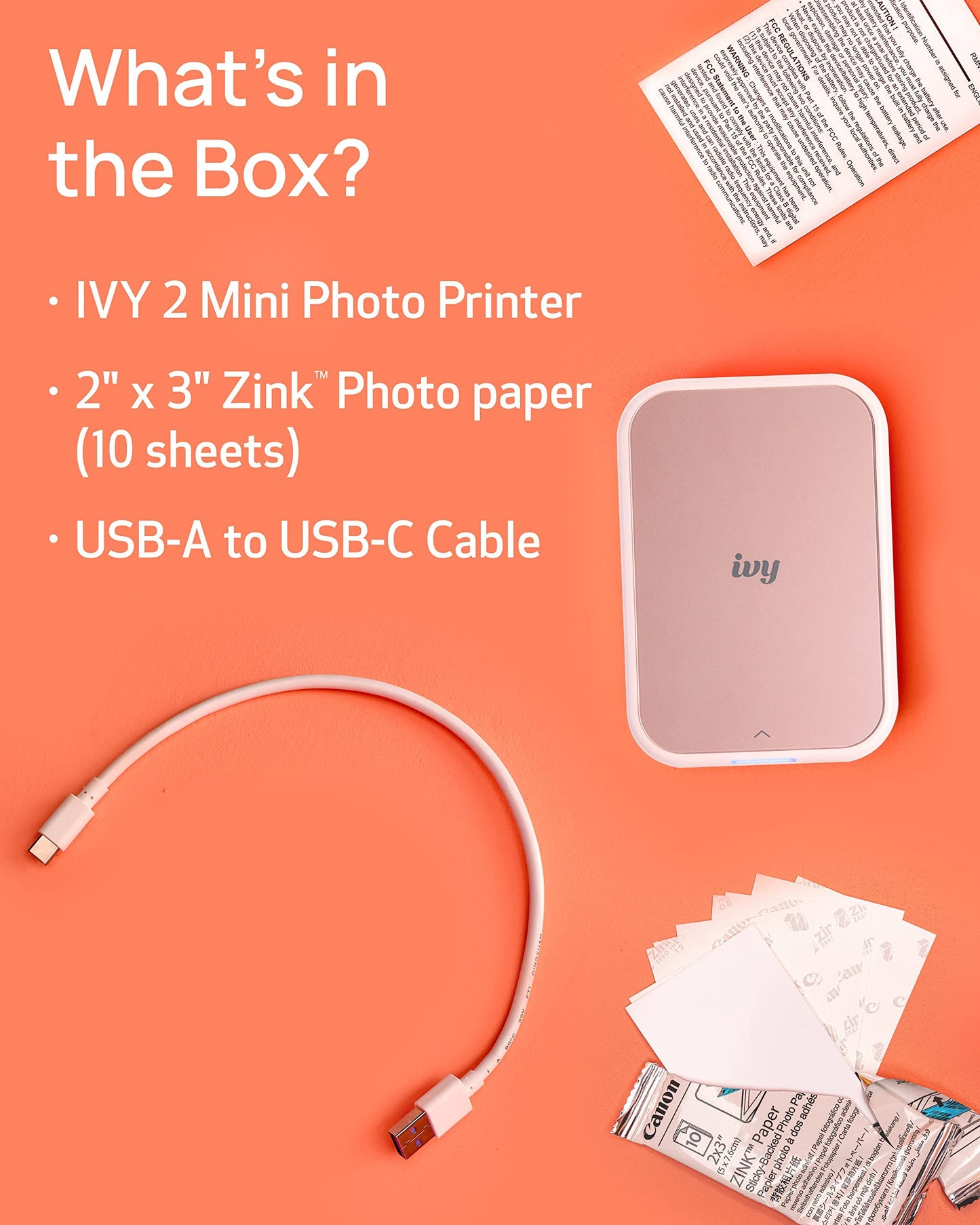 Canon Ivy 2 Mini Photo Printer, Print from Compatible iOS & Android Devices/Sticky-Back Prints/ Pink
