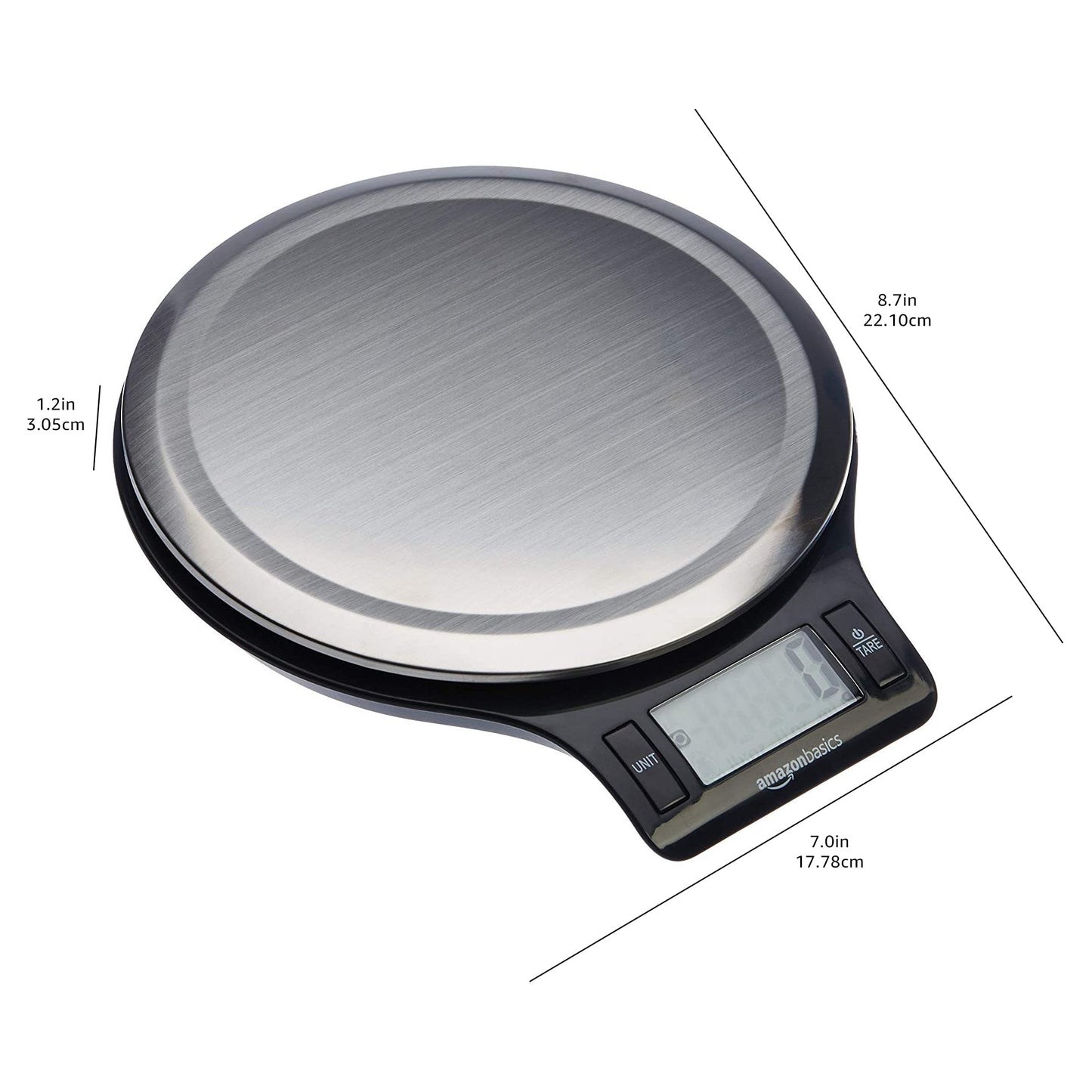 Amazon Basics Digital Kitchen Scale with LCD Display, Batteries Included, Weighs up to 11 pounds, Black and Stainless Steel