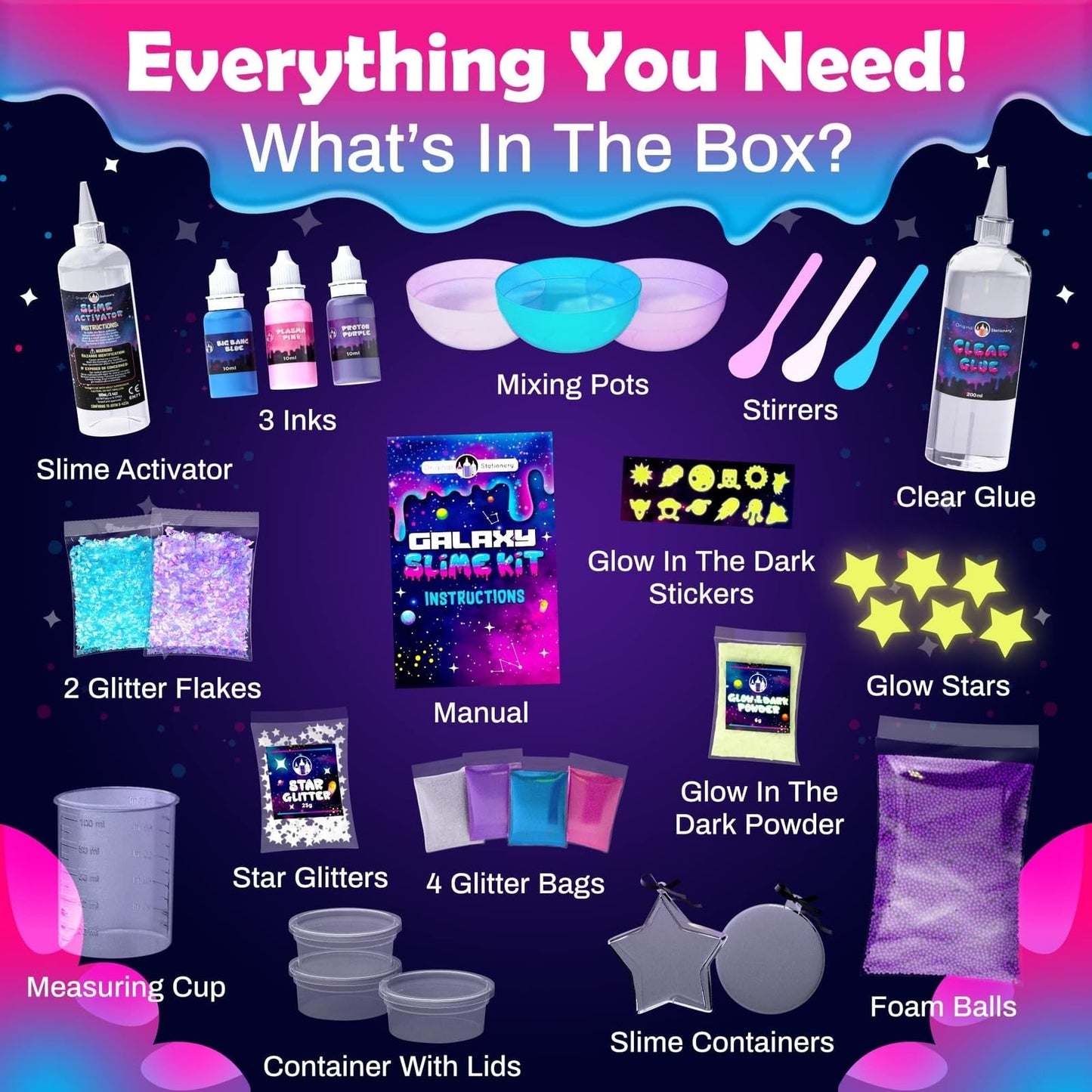 Original Stationery Galaxy Slime Kit for Kids Ages 8–12, DIY Space Slime Set with Glow-in-the-Dark Stickers & Galactic Glitter, Fun Cosmic Craft for Creative Play, Christmas Gift for Boys & Girls