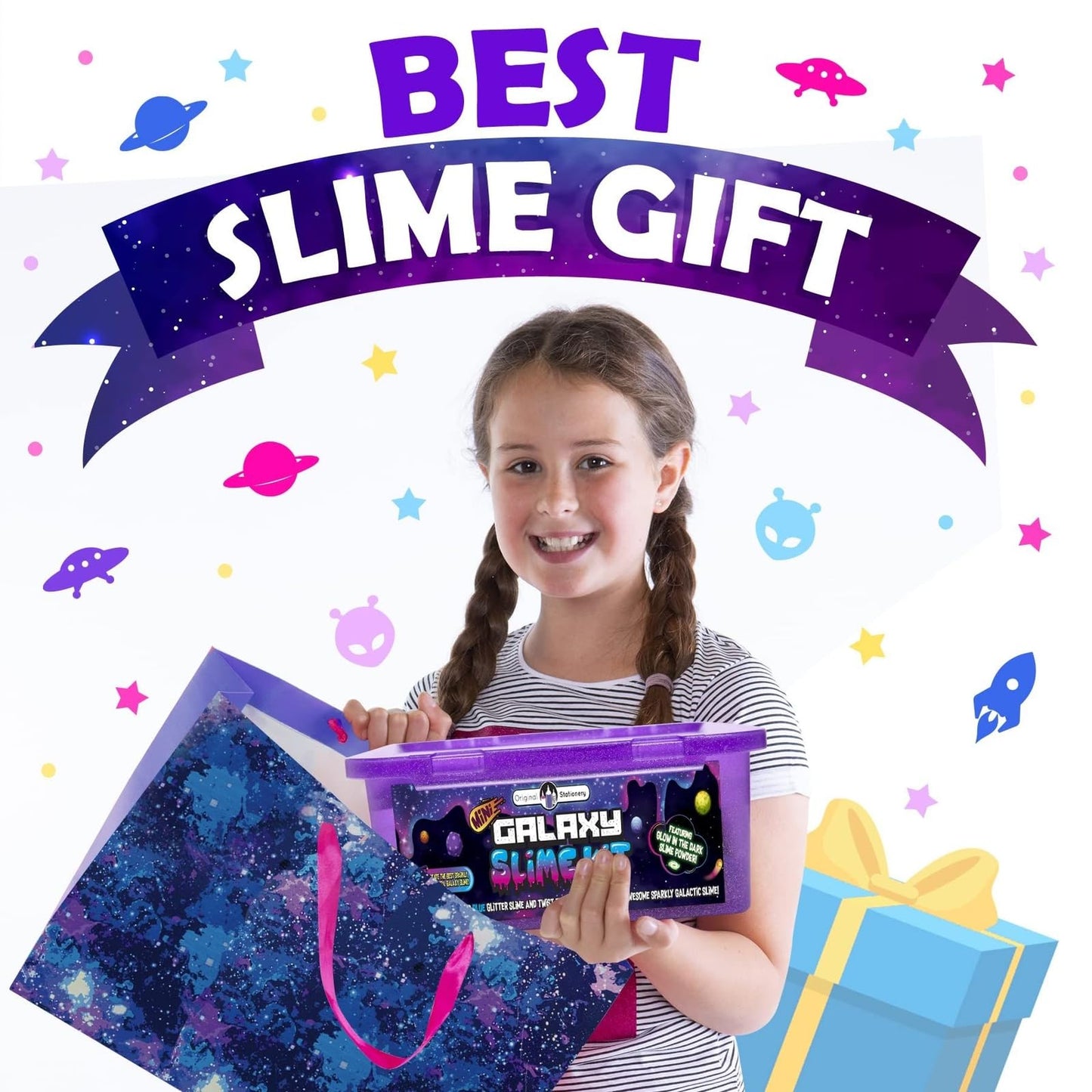Original Stationery Galaxy Slime Kit for Kids Ages 8–12, DIY Space Slime Set with Glow-in-the-Dark Stickers & Galactic Glitter, Fun Cosmic Craft for Creative Play, Christmas Gift for Boys & Girls