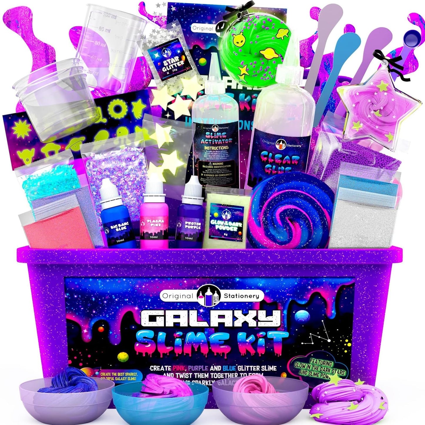 Original Stationery Galaxy Slime Kit for Kids Ages 8–12, DIY Space Slime Set with Glow-in-the-Dark Stickers & Galactic Glitter, Fun Cosmic Craft for Creative Play, Christmas Gift for Boys & Girls